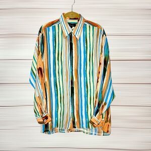 Genelli Silk Shirt Button Up Long Sleeve Colorful Striped Men’s L Vintage